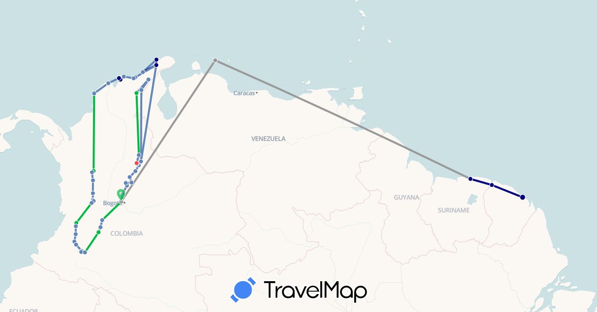 TravelMap itinerary: driving, bus, plane, cycling, hiking in Colombia, French Guiana, Suriname (South America)